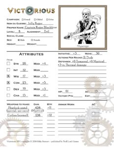 front side of character sheet for Jolly Roger NPC
