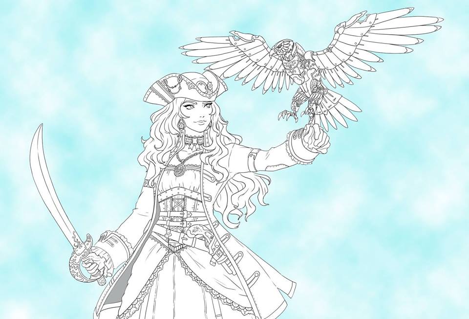 A line drawing of a female steampunk pirate with a cutlass in one hand and a metal hawk alighting on her opposite wrist