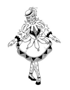 a full body drawing of the villain Comedy, wearing a stylized jester outfit and smiling. Art by Sarah White