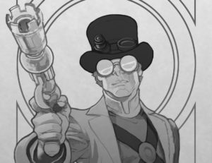 A man wearing a top hat and goggles points a fantastic-looking weapon at the viewer