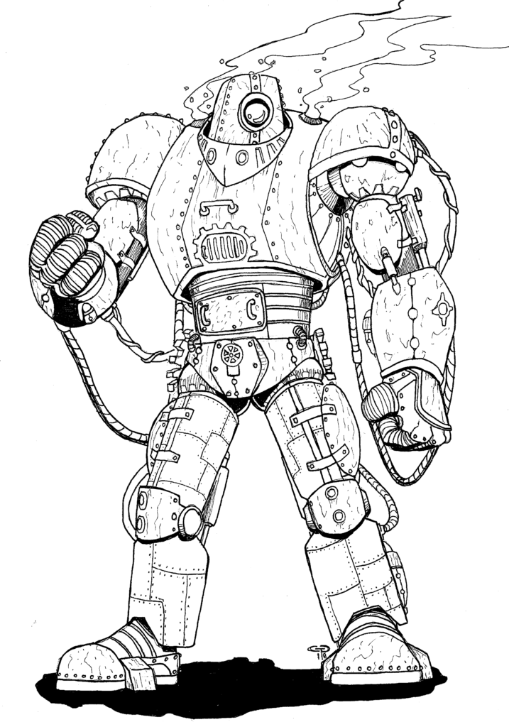 a large armored figure made of riveted plates, pistons, and a circular turret-like head with a single viewing porthole in the center of it.