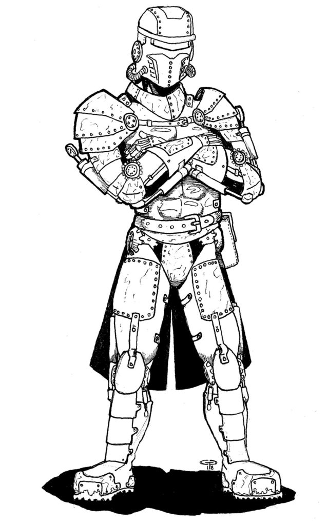 A full-body drawing of the character known as The Machine, showing the riveted plates making up the robotic form