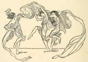 Illustration by Claude A. Shepperson from “A Spell for a Fairy,” by Alfred Noyes. Three fairies dance together.